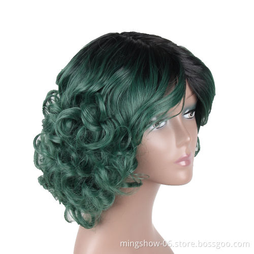 Short Wave Green Wig Female Mixed Red Premium Synthetic Hair Wig Cosplay Party